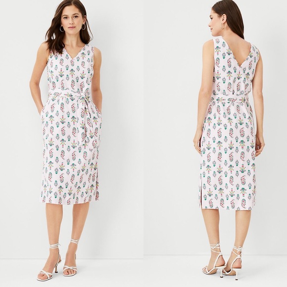 Ann Taylor 4 Floral Linen Blend Tie Waist Sheath Dress Pink 0892 - Picture 1 of 10